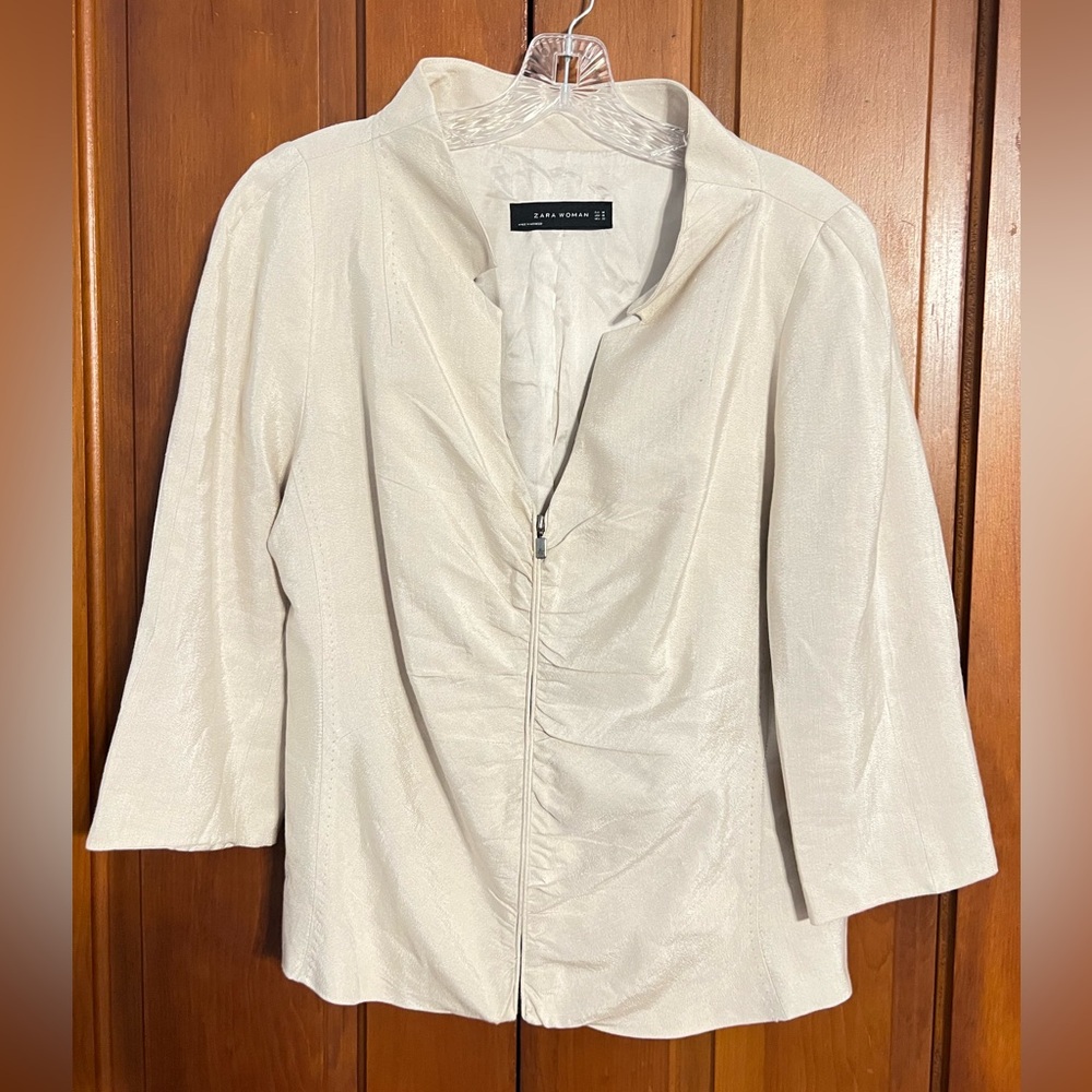 Zara Woman‎ Sz XL Linen Blend Viscose Zippered Lined Pleated Back Jacket Blazer